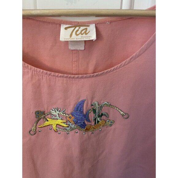 VintageTia Designs Dress Womens Sz L Pink Cotton Embroidered Fish Wearable Art - Picture 4 of 11